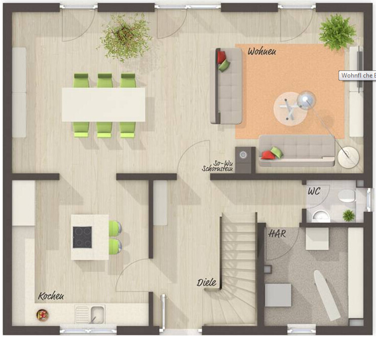 Grundriss einer modernen Wohnung mit Küche, Essbereich, Wohnzimmer, Diele, WC und HAR.