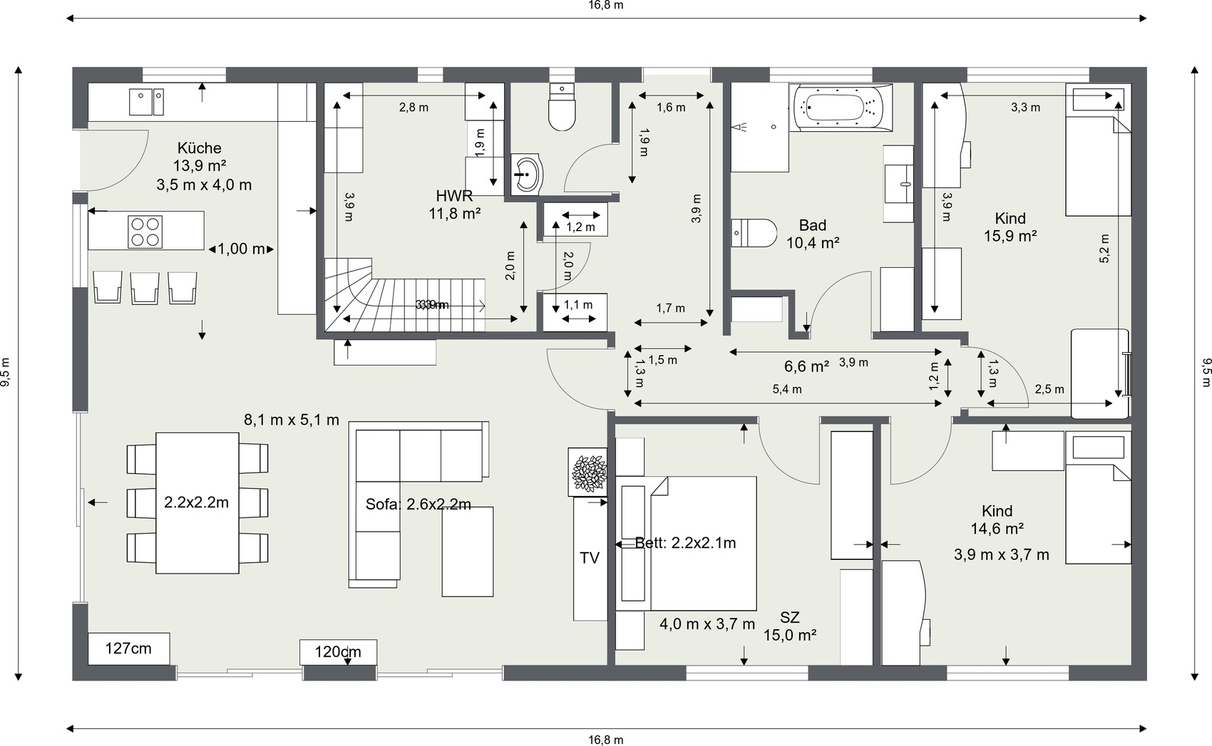 Grundriss eines Hauses mit Küche, HWR, Bad, zwei Kinderzimmer, Schlafzimmer und Wohnzimmer.