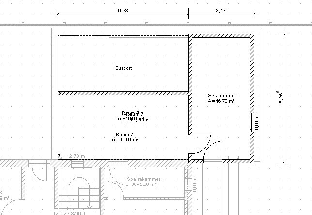 Grundrissplan eines Hauses mit Carport, Geräteraum und Speisekammer (Raum 7)