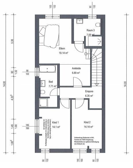 Grundriss: Eltern-Schlafzimmer, Kind 1, Kind 2, Bad, Ankleide, Empore, Raum 3.