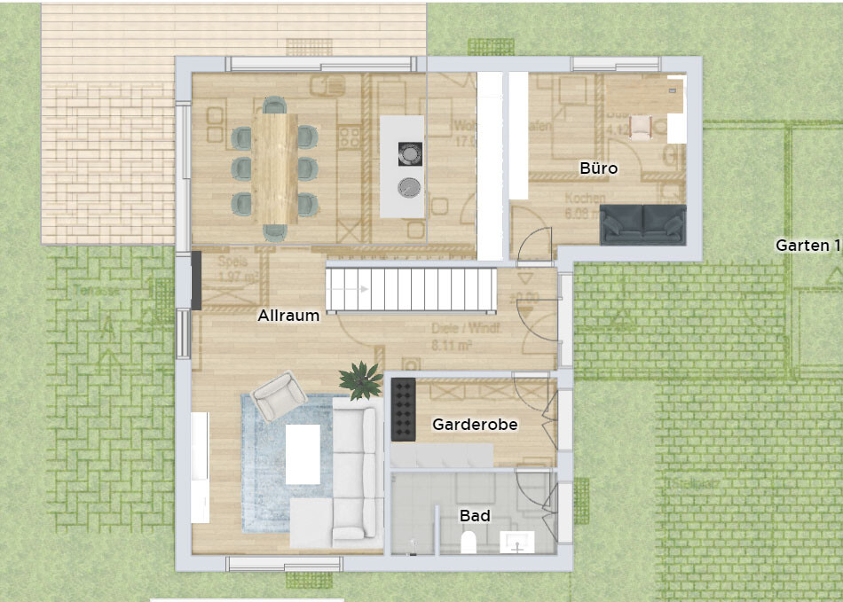 Grundriss eines Hauses mit Allraum, Küche, Büro, Garderobe, Bad, Terrasse und Garten.