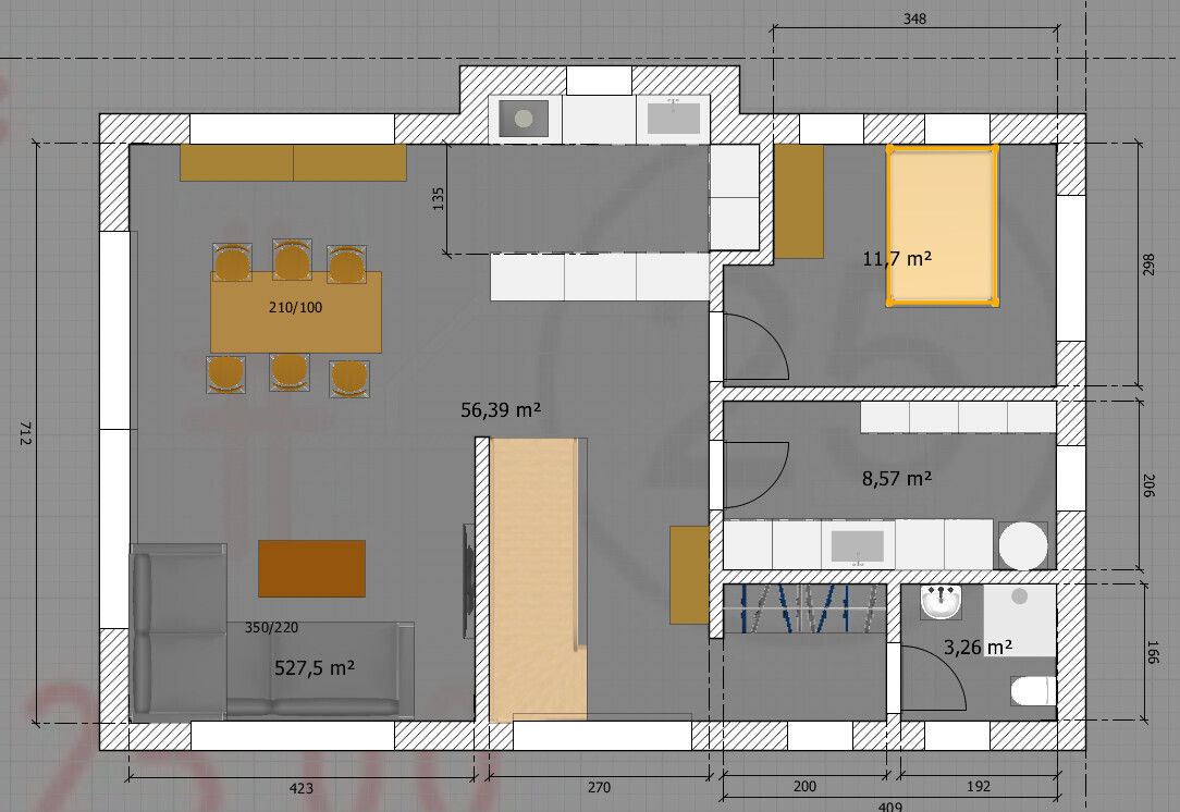 Grundriss einer Wohnung mit offener Küche, Essbereich, Wohnzimmer links, Schlafzimmer rechts, Bad.
