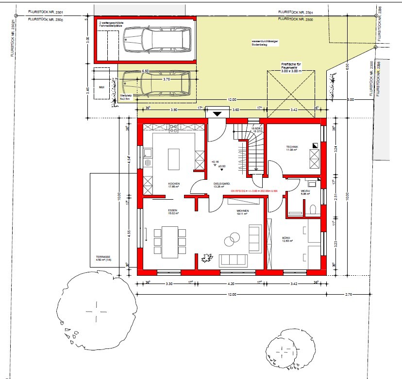 Grundriss eines Einfamilienhauses: Carport, Terrasse, Küche, Essen, Wohnen und Büro.