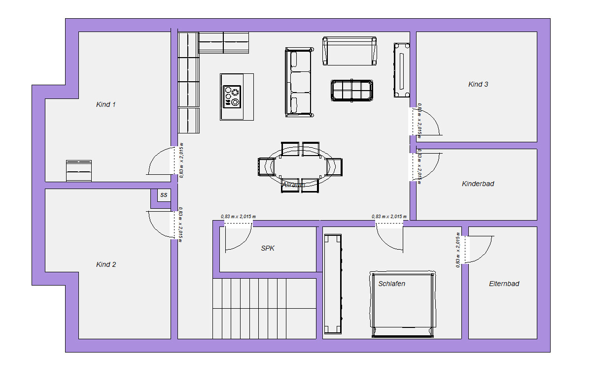 Grundriss eines Hauses: Wohnzimmer, Esstisch, Küche, drei Kinderzimmer, zwei Bäder, Schlafen.