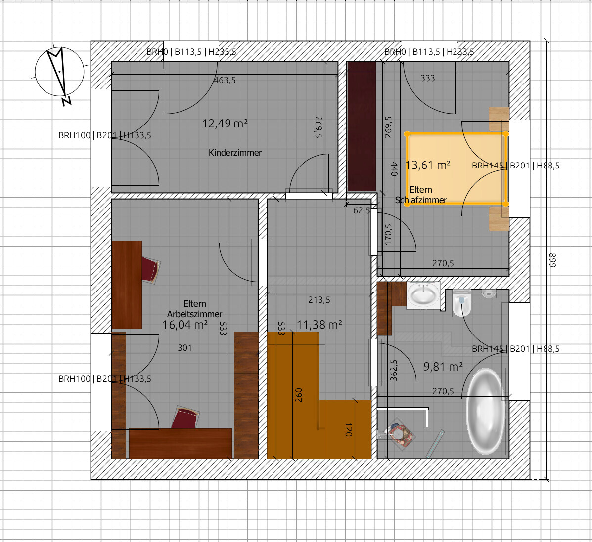 Grundriss einer Wohnung: Elternschlafzimmer mit Doppelbett, Kinderzimmer, Arbeitszimmer, Bad, Flur.