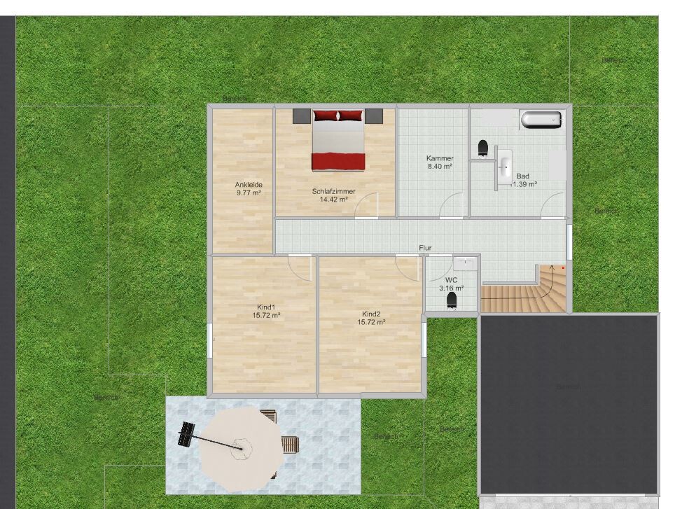Grundriss eines Hauses mit Schlafzimmer, Kindzimmern, Bad, Flur und Terrasse