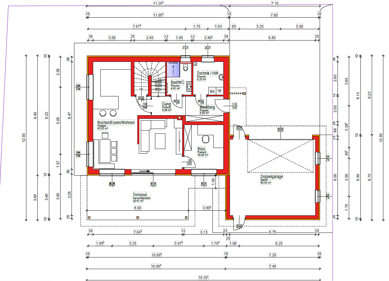 Grundriss eines Wohnhauses: Küche, Essen/Wohnen, Büro, Bad, Terrasse, Doppelgarage (rote Außenwände)