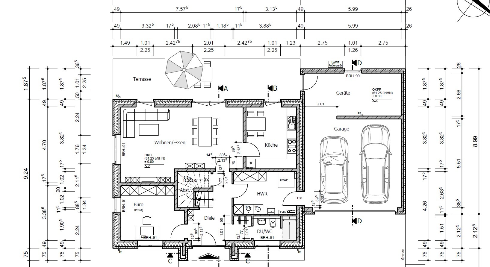 Grundriss: Terrasse, Wohn-/Essbereich, Küche, Büro, Diele, HWR, DU/WC, Garage
