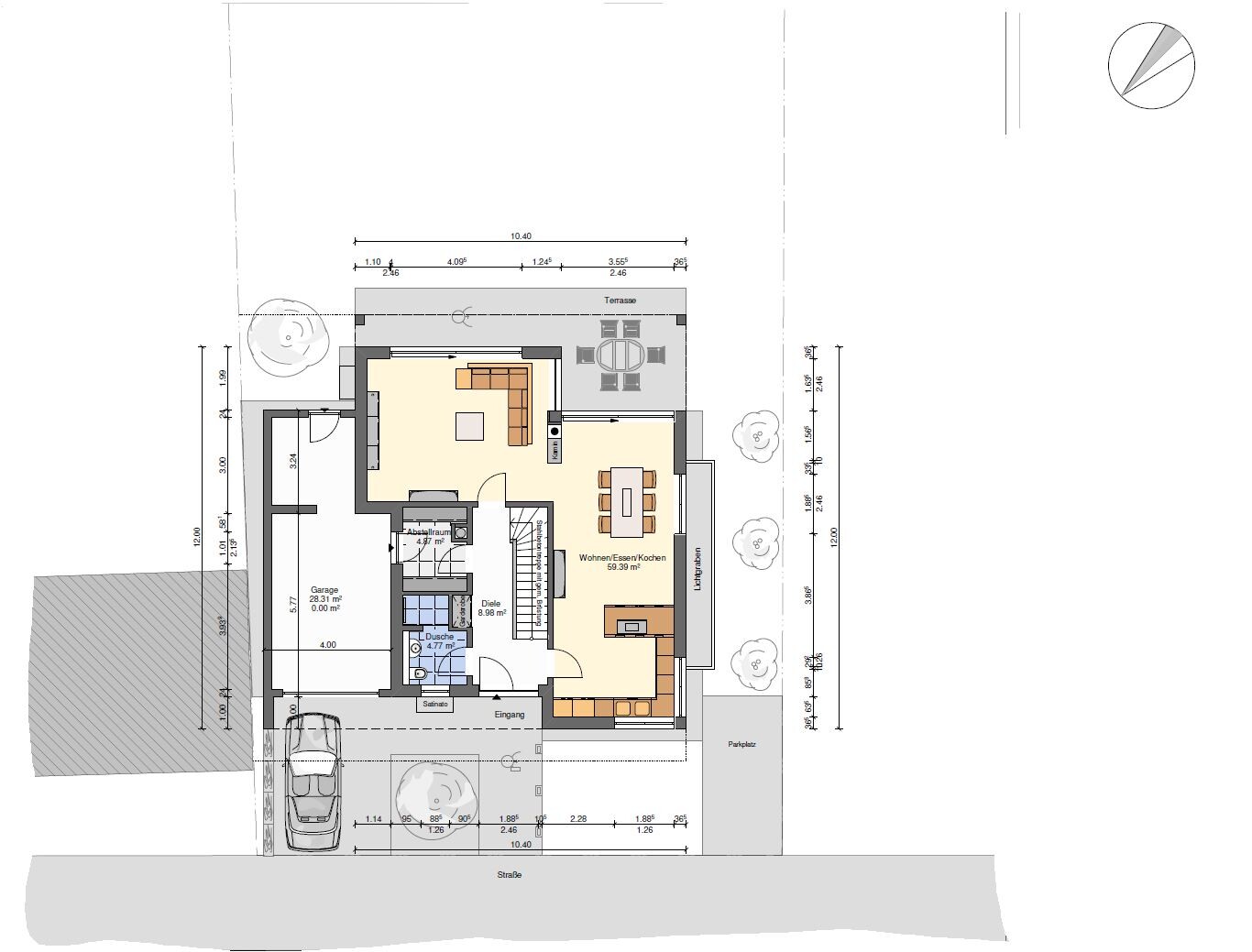 Grundriss eines Einfamilienhauses: Wohnzimmer, Küche, Essbereich, Bad, Garage und Terrasse.