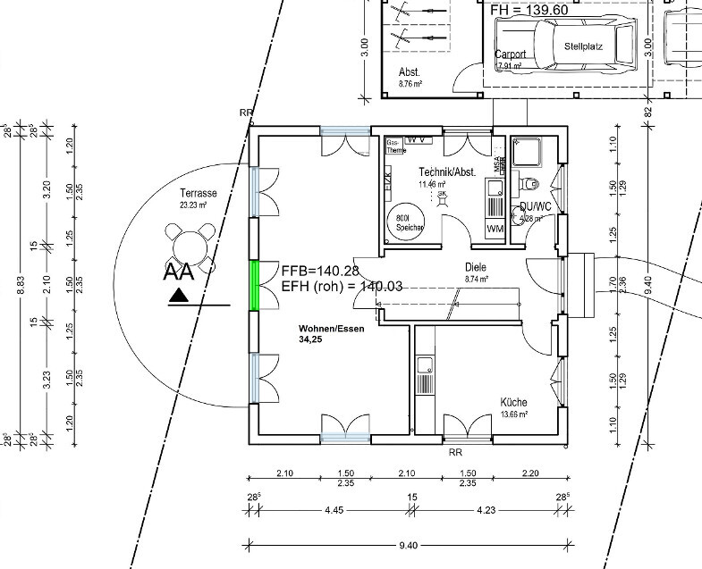 Grundriss eines Hauses mit Terrasse, Wohnen/Essen, Küche, Diele, Technik/Abst., Bad.