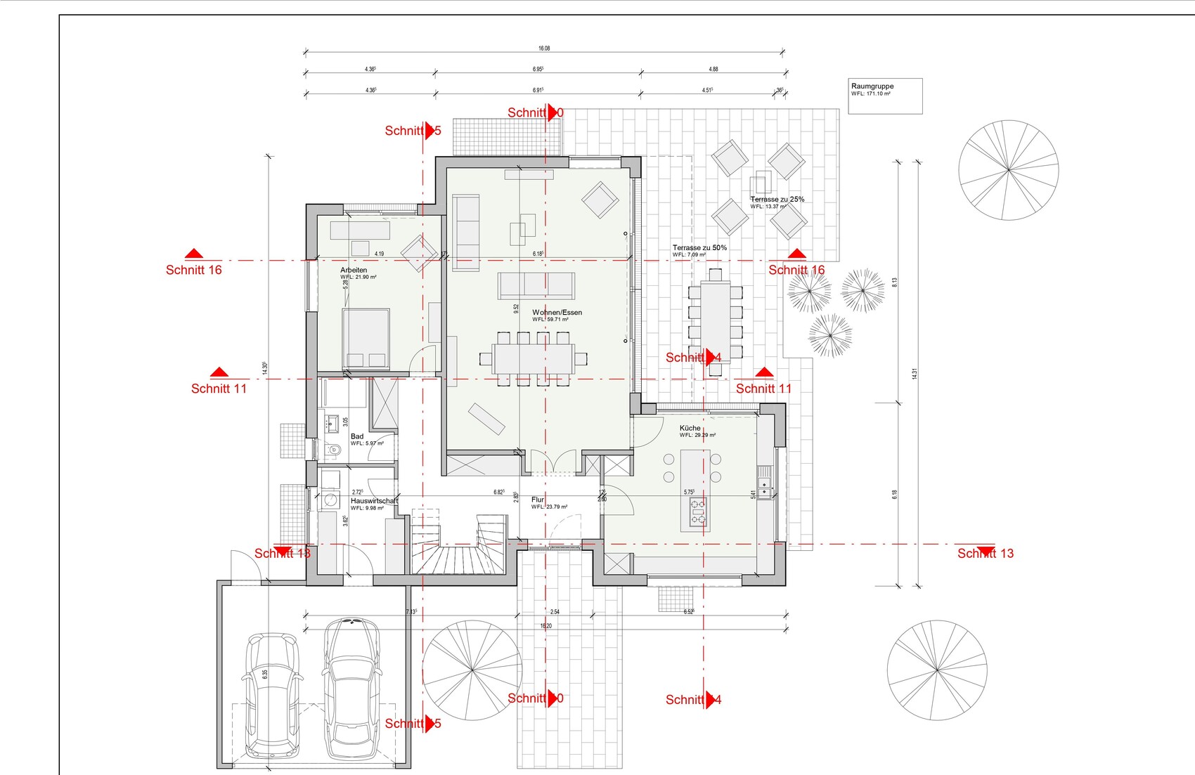 Einfamilienhaus-Grundriss: Wohnzimmer/Essen, Küche, Arbeitszimmer, Bad, Garage, Terrasse.