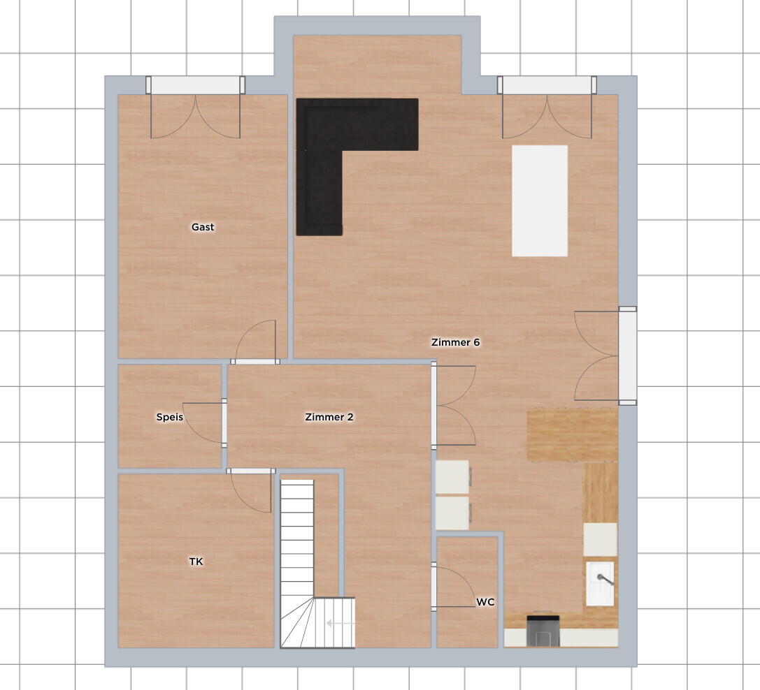 Grundriss: Gast, Zimmer 2, Zimmer 6, Speis, TK, Küche mit Esstisch, WC, Treppe