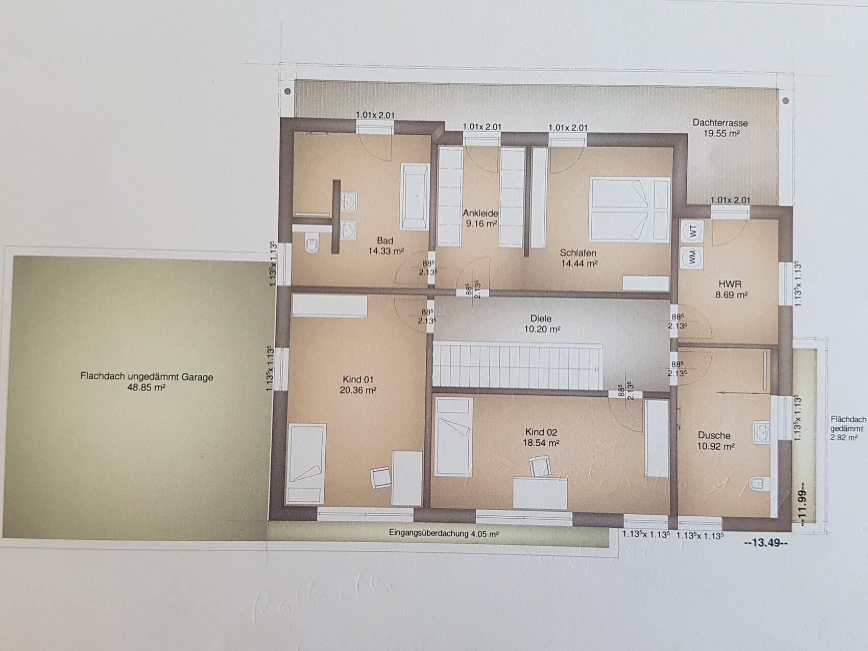 Grundriss eines Hauses mit Garage, Diele, 2 Kinderzimmer, Schlafzimmer, Bad, HWR, Dusche