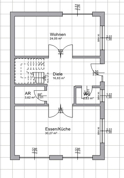 Grundriss eines Wohn- und Essbereichs mit Diele, AR, WC und Essen/Küche.