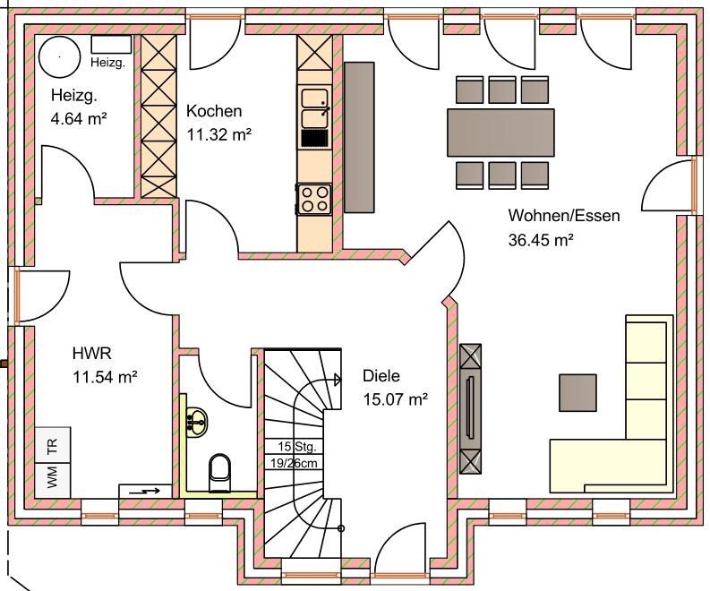 Detaillierter Grundriss eines Einfamilienhauses mit Küche, Wohnen/Essen und Diele