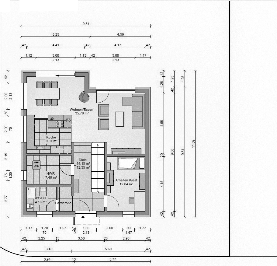 Grundriss eines Einfamilienhauses: Küche, Wohnen/Essen, Diele, Arbeiten/Gast, Garderobe, WC/DU, HWR