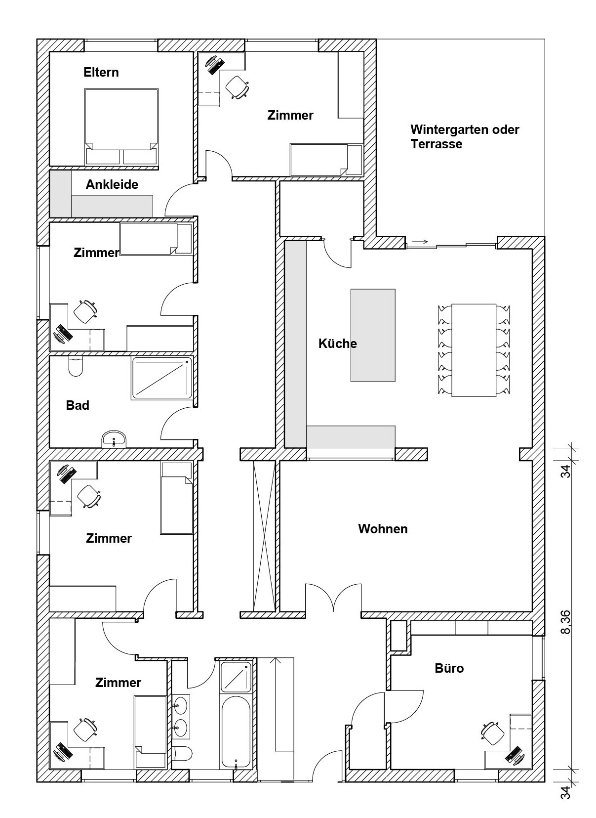 Grundriss eines Hauses mit Zimmern, Küche, Wohnzimmer und Terrasse