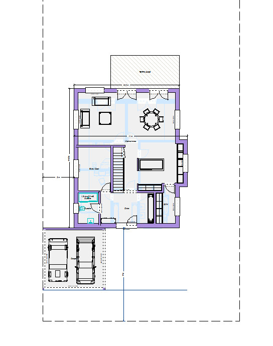 Grundriss eines Hauses: Wohnzimmer, Essbereich, Küche, Bad, Schlafzimmer, Treppe und Garage.