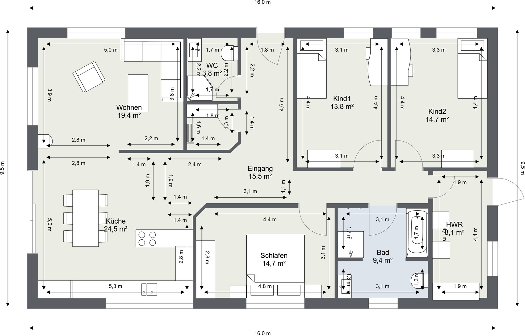 Grundriss eines Hauses: Wohnzimmer, Küche, Schlafen, Bad, WC, HWR, Eingang, zwei Kinderzimmer