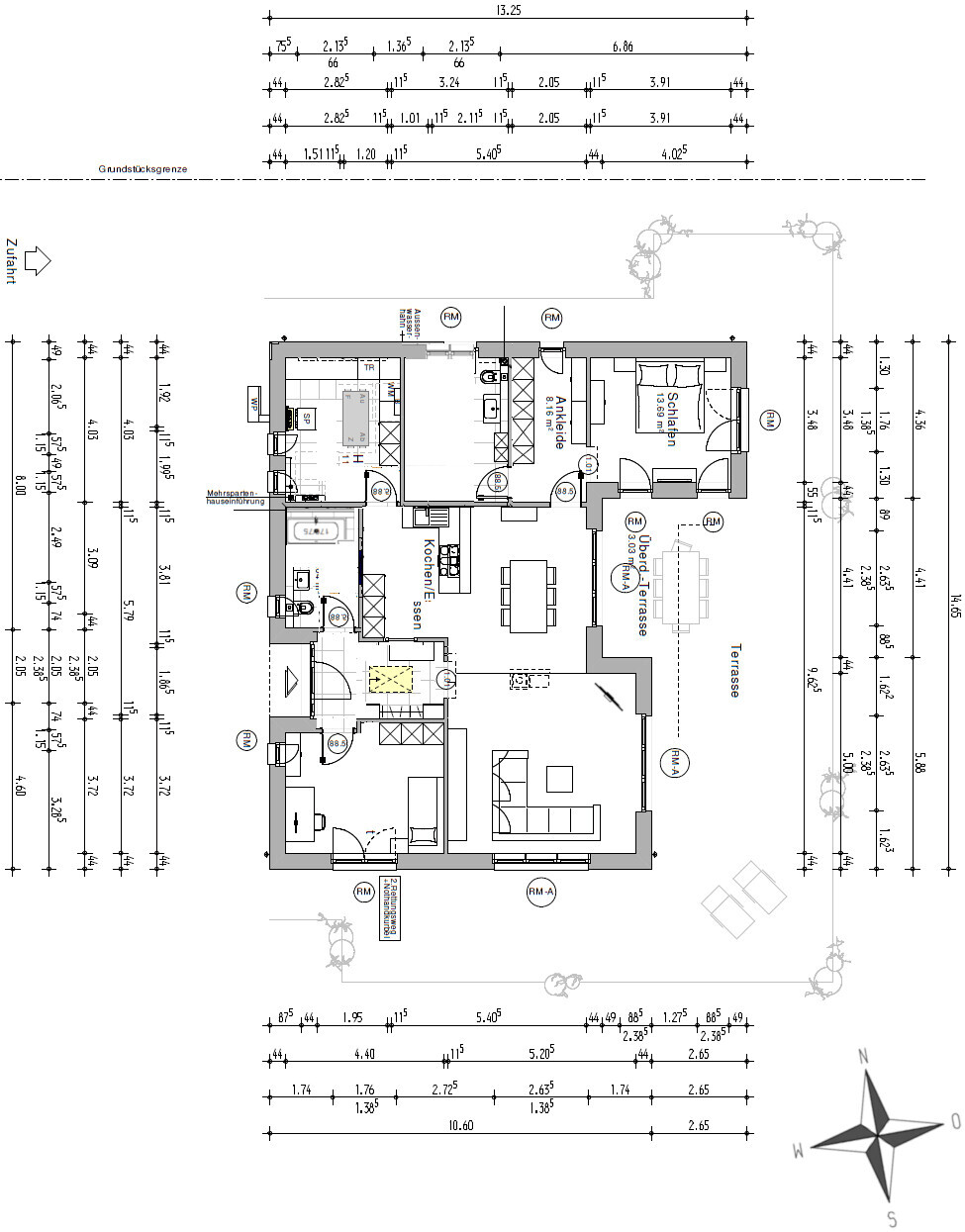 Grundriss eines Wohnhauses mit Küche, Wohn- und Essbereich, Schlafzimmer, Ankleide und Terrasse.