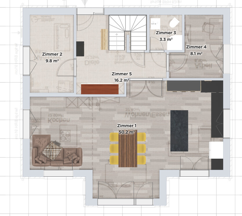 Grundriss eines Hauses mit Zimmern 1–5, Treppenaufgang, Wohnzimmer, Küche, Esstisch.