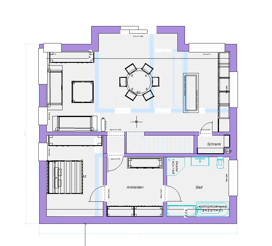 Grundriss eines Wohnraums: offener Bereich mit runder Esstisch, Sofas, Bad und Ankleide.