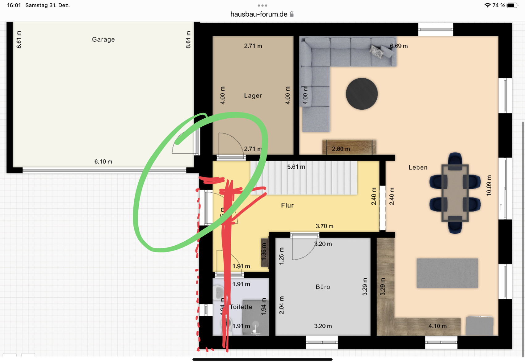 2D Grundriss eines Hauses mit Garage, Lager, Büro, Flur und Wohnzimmer
