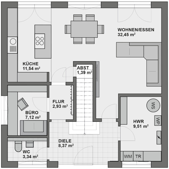 2D-Grundriss eines Hauses mit Küche, Wohnzimmer, Diele, Flur, Büro, WC und HWR
