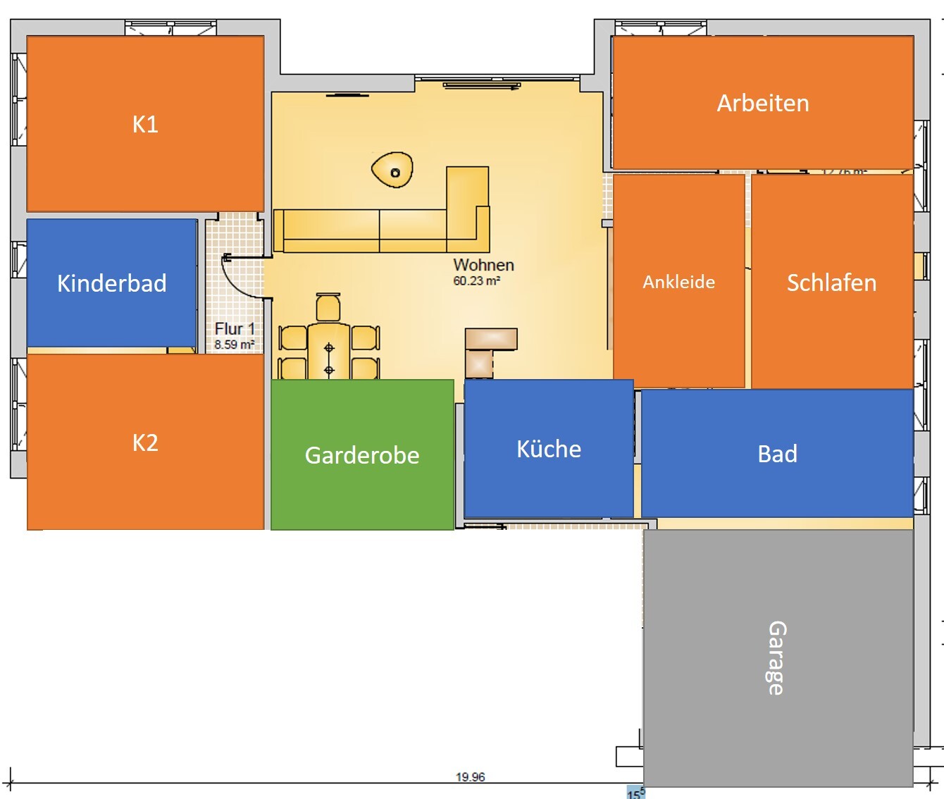 Grundriss: Wohnen, Küche, Bad, Schlafen, Arbeiten, K1/K2, Kinderbad, Garage.