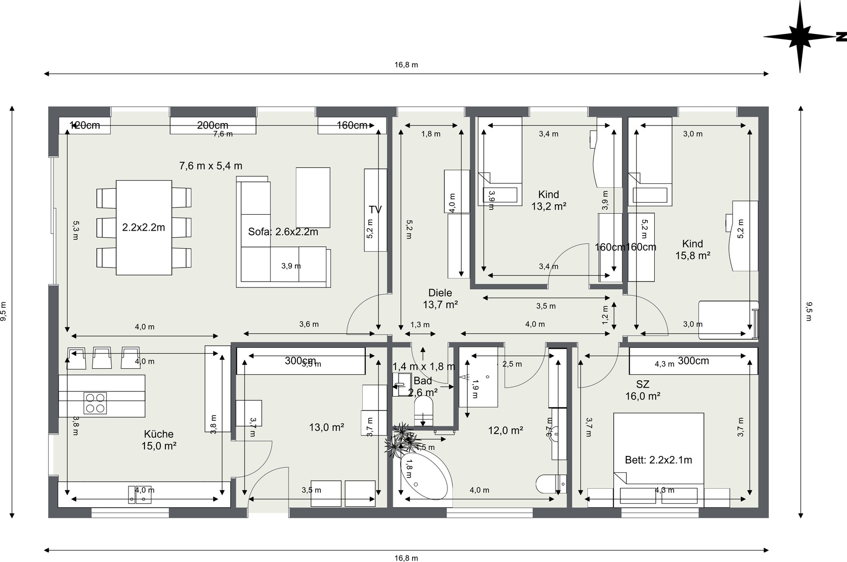 Grundriss eines Wohnhauses mit Küche, Wohnzimmer, Diele, Bad, Schlafzimmer und Kinderzimmer
