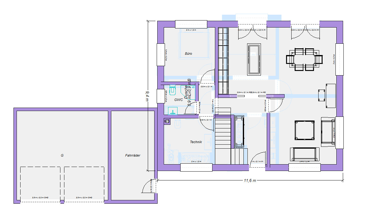 Grundriss eines Hauses mit Büro, Technik, WC, Wohn-/Essbereich, Treppenhaus und Fahrradgarage.