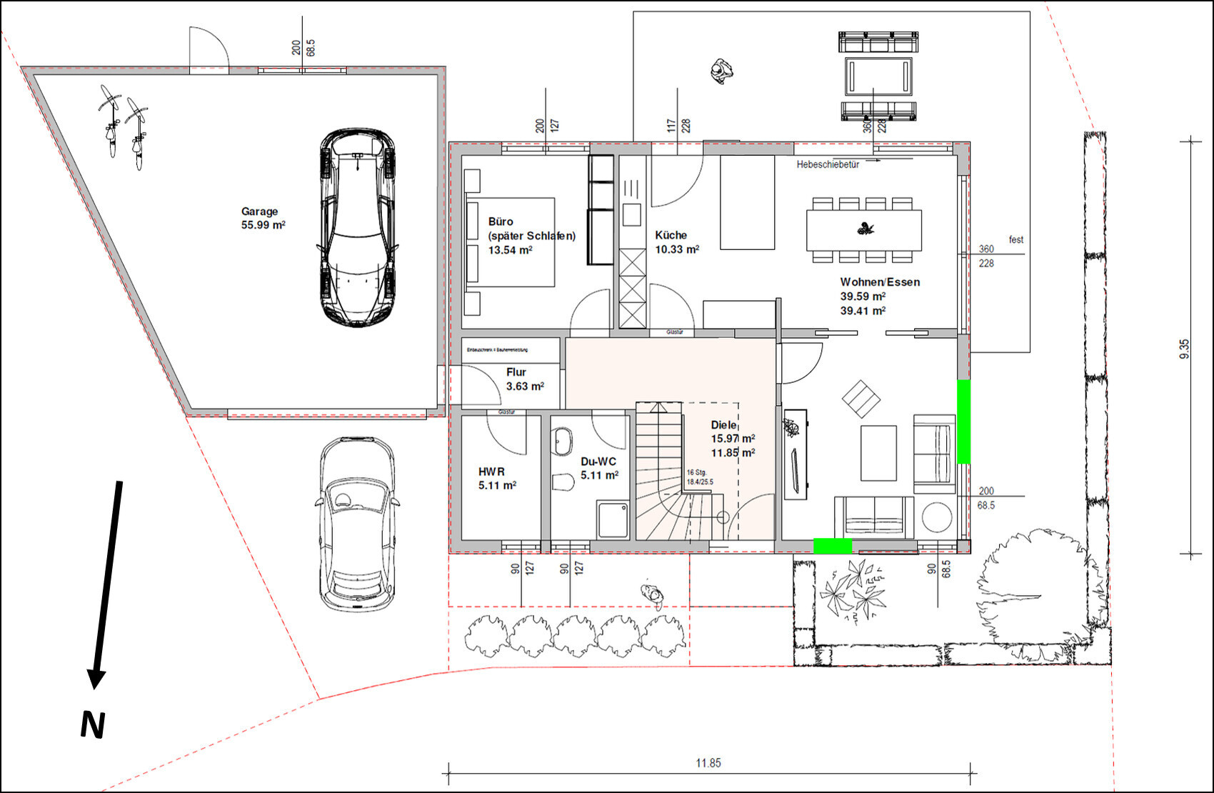 Grundriss eines Hauses: Garage links, Büro, Küche, Wohnen/Essen, Diele, Flur, HWR, Du-WC, Treppe