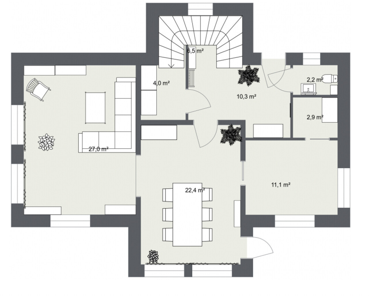 2D-Grundriss eines Hauses mit Wohnzimmer, Küche und Essbereich