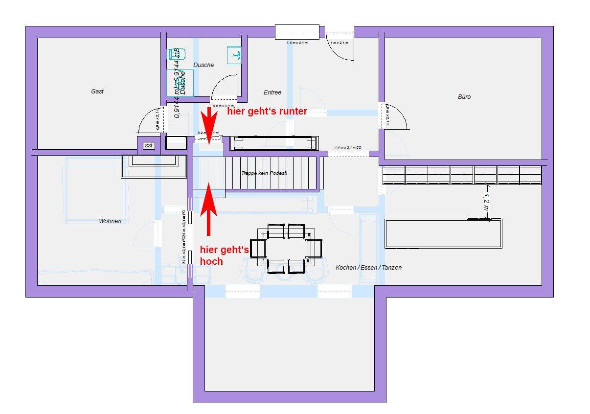 Grundriss eines Hauses mit Gästezimmer, Wohnen, Büro, Küche und zentraler Treppe (Auf-/Abstieg).
