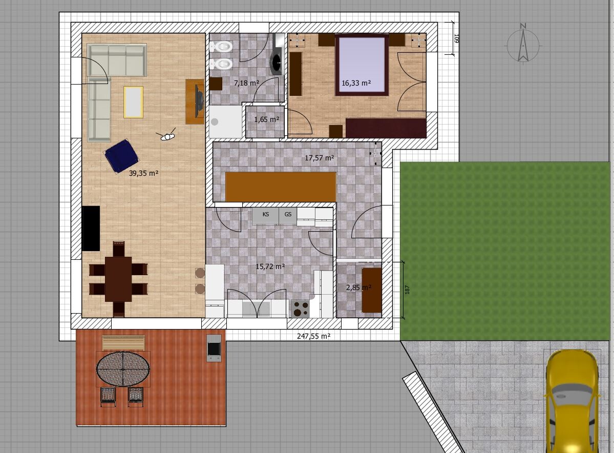 Grundriss eines Hauses: Großes Wohnzimmer, Küche, Bad, Schlafzimmer, Flur, Terrasse und Garten.