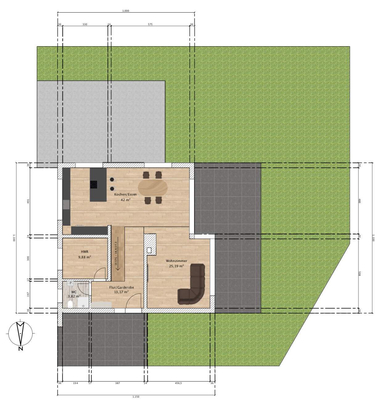 Grundriss eines Einfamilienhauses mit Küche/Essen, Wohnzimmer, Flur/Garderobe, HWR, WC, Terrasse und Garten.