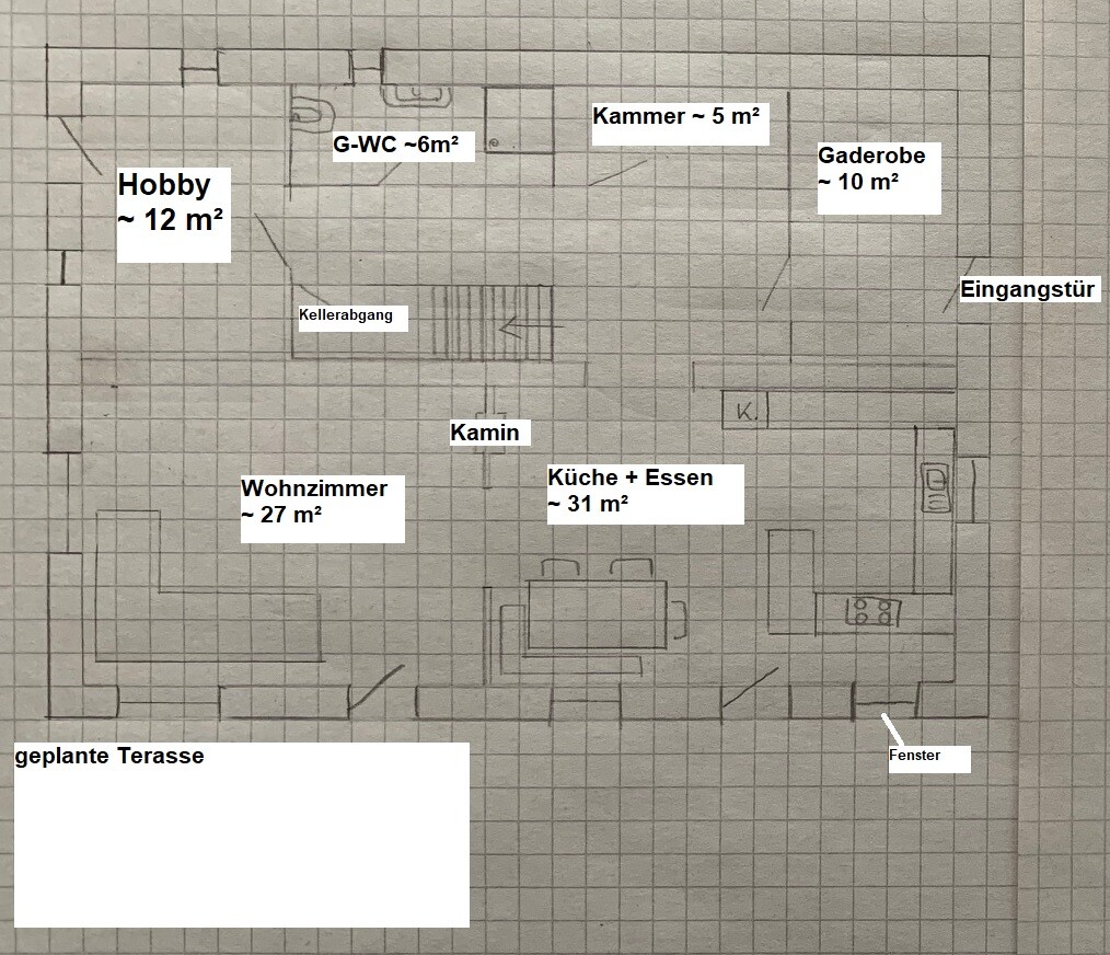 Grundriss eines Hauses mit Wohnzimmer 27 m², Küche 31 m², Hobbyraum 12 m² und geplanter Terrasse.