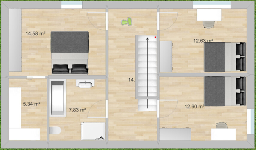 Grundriss eines Hauses mit zentraler Treppe, Flur, drei Schlafzimmern und Bad.