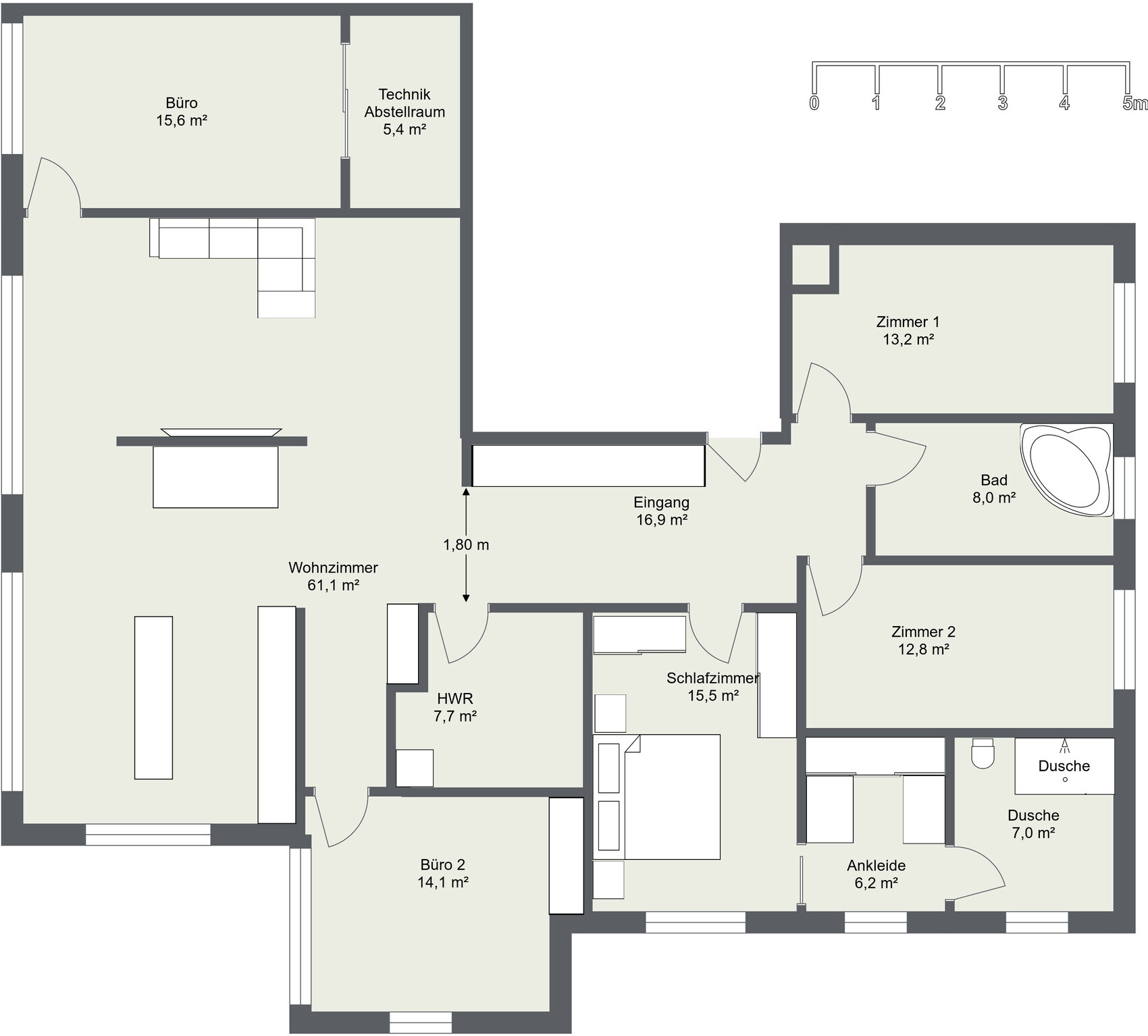 Grundriss eines Hauses mit Wohnzimmer, Schlafzimmern, Kueche und Bad