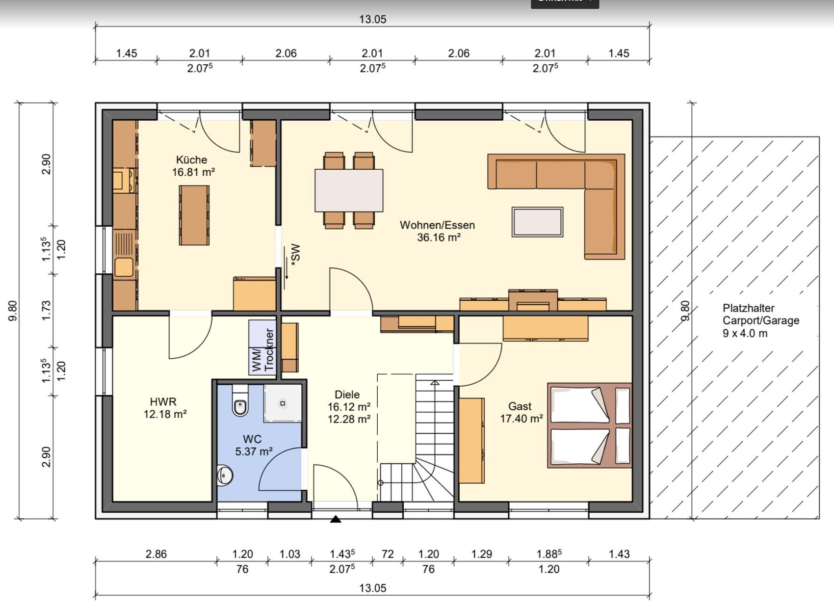 Grundriss eines Hauses: Küche, Wohnen/Essen, Diele, HWR, WC, Gästezimmer, Carport/Garage.