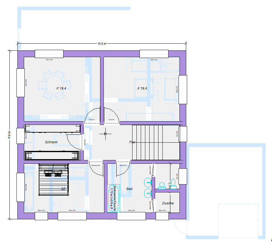 Grundriss einer Wohnung: zentraler Flur, zwei Zimmer ca. 19,4 m², Bad, Dusche, Schrank.