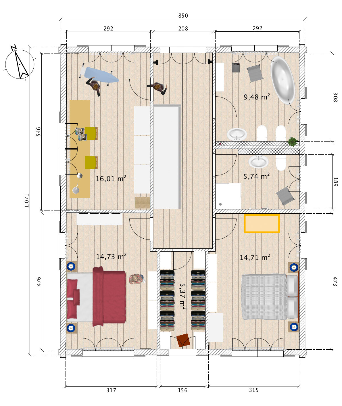 Grundriss eines Hauses: drei Schlafzimmer, Arbeits-/Essbereich, zwei Bäder, Flur und Kleiderschränke.