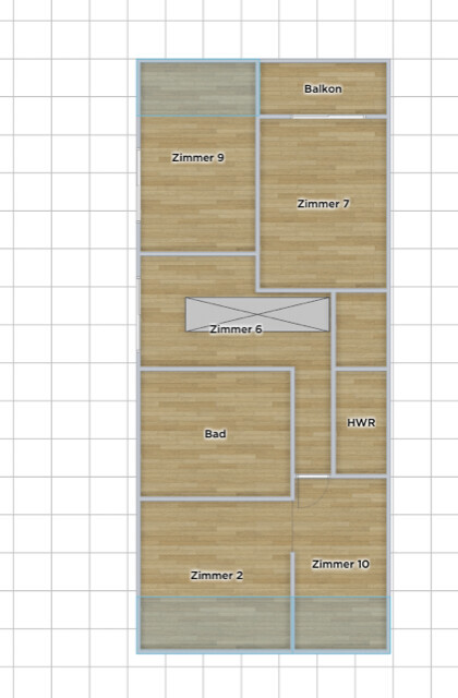 Grundriss einer Wohnung mit Zimmern 2,6,7,9,10, Bad, HWR und Balkon.