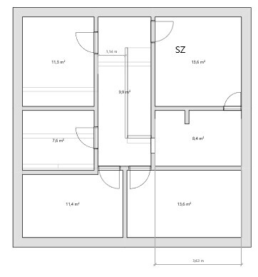 Grundriss eines Hauses mit mehreren Zimmern, Fluren und Türen