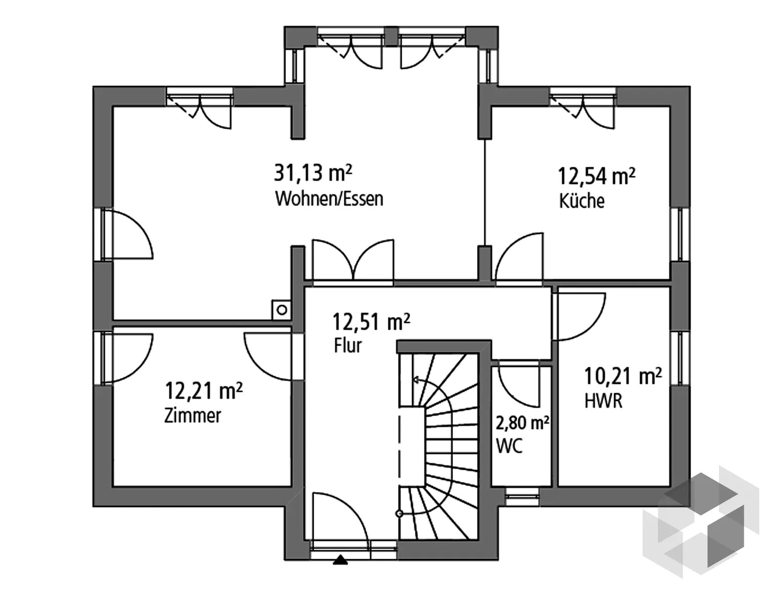 Grundriss einer Wohnung: Wohnzimmer/Essen 31,13 m², Küche 12,54 m², Flur 12,51 m².