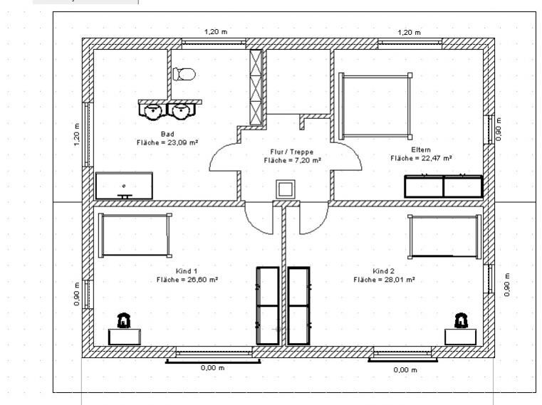 2D-Grundriss eines Hauses mit Bad, Elternschlafzimmer, zwei Kinderzimmern und Flur