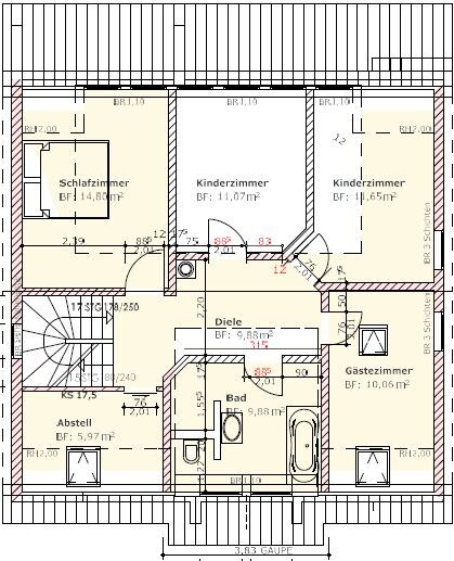 Grundriss des Obergeschosses: Schlafzimmer, zwei Kinderzimmer, Gästezimmer, Diele, Bad.
