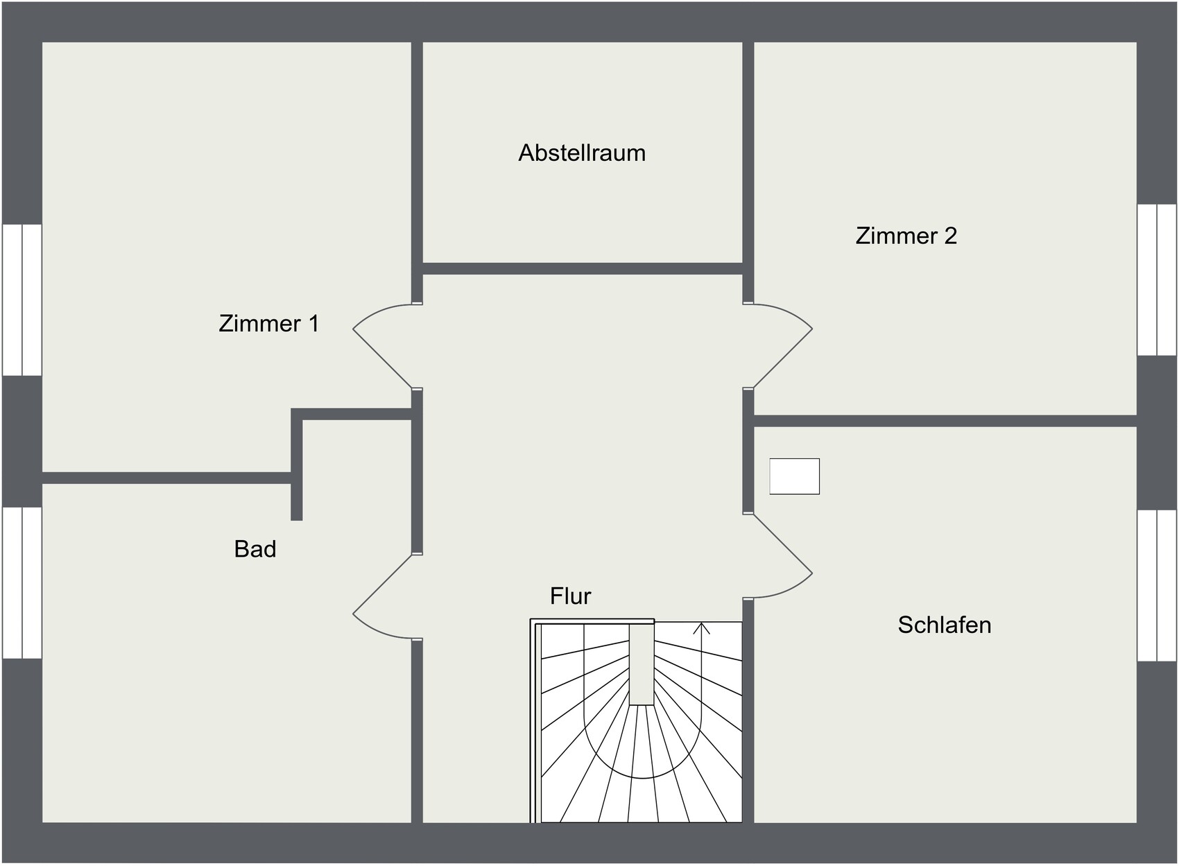 Grundriss eines Hauses: Zentraler Flur, zwei Zimmer, Bad, Schlafen, Abstellraum, Treppe.