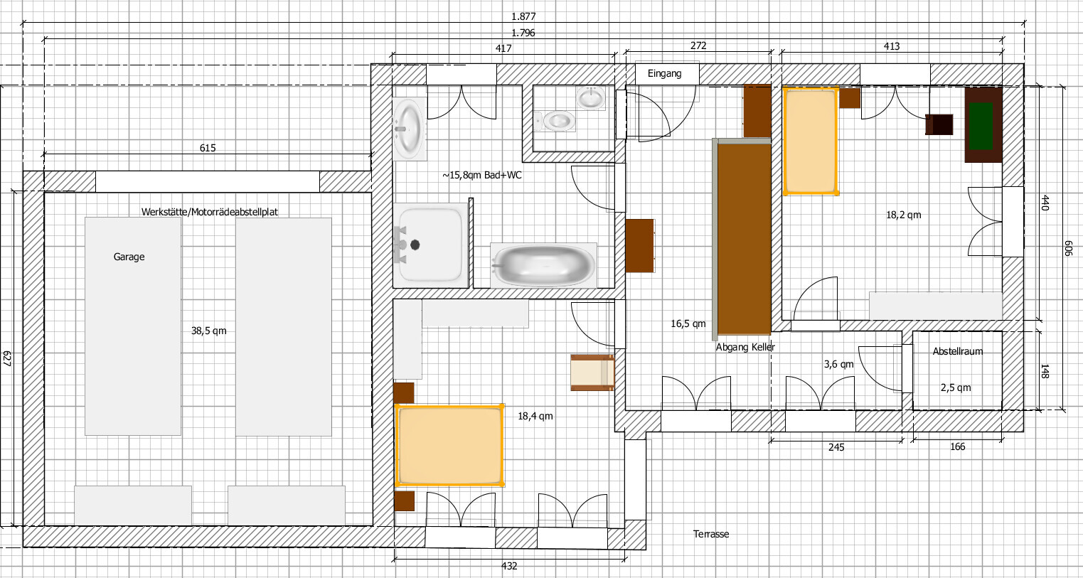 Detaillierter Grundrissplan eines Hauses mit Garage, Bad, Küche, Wohnzimmer und Terrasse