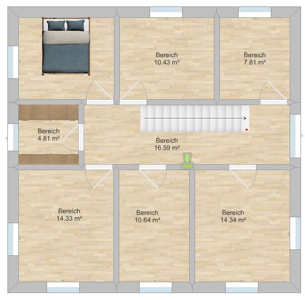 Grundrissplan eines Hauses mit mehreren Bereichen und einer zentralen Treppe.